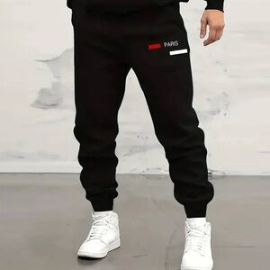 Cozy Casual Black Mens Sz M Paris Print Streetwear Pockets Travel Cuffed Joggers